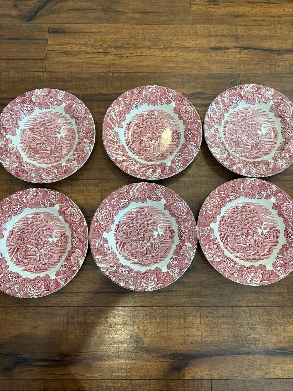 VTG Enoch Woods Wood & Sons English Scenery Pink Soup Pasta Bowls 9" Set Of 6